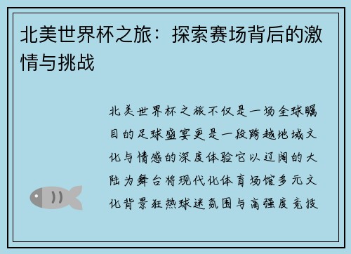 北美世界杯之旅：探索赛场背后的激情与挑战