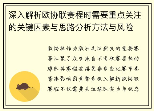 深入解析欧协联赛程时需要重点关注的关键因素与思路分析方法与风险 深入解析欧协联赛程时需要重点关注的关键因素与思路分析方法与风险